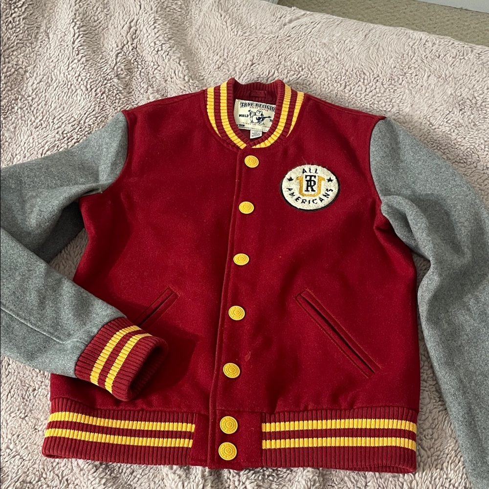 True Religion Red Varsity Jacket with Gray Sleeves and Yellow Trim